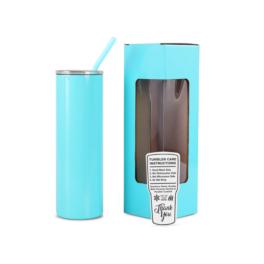 Teal 20 oz. skinny tumbler with straw, shown with its gift box
