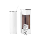 White 20 oz. skinny tumbler with straw, shown with its gift box