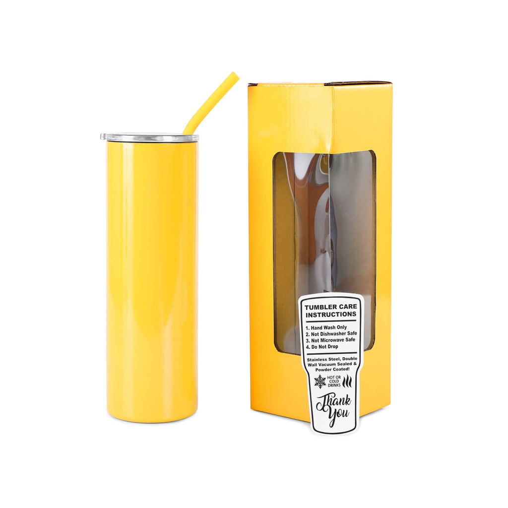 Yellow 20 oz. skinny tumbler with straw, shown with its gift box
