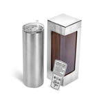 Silver metallic window display gift box for the 20 oz. Skinny Tumbler in stainless steel — custom engraved tumbler by Solano Laser Craft