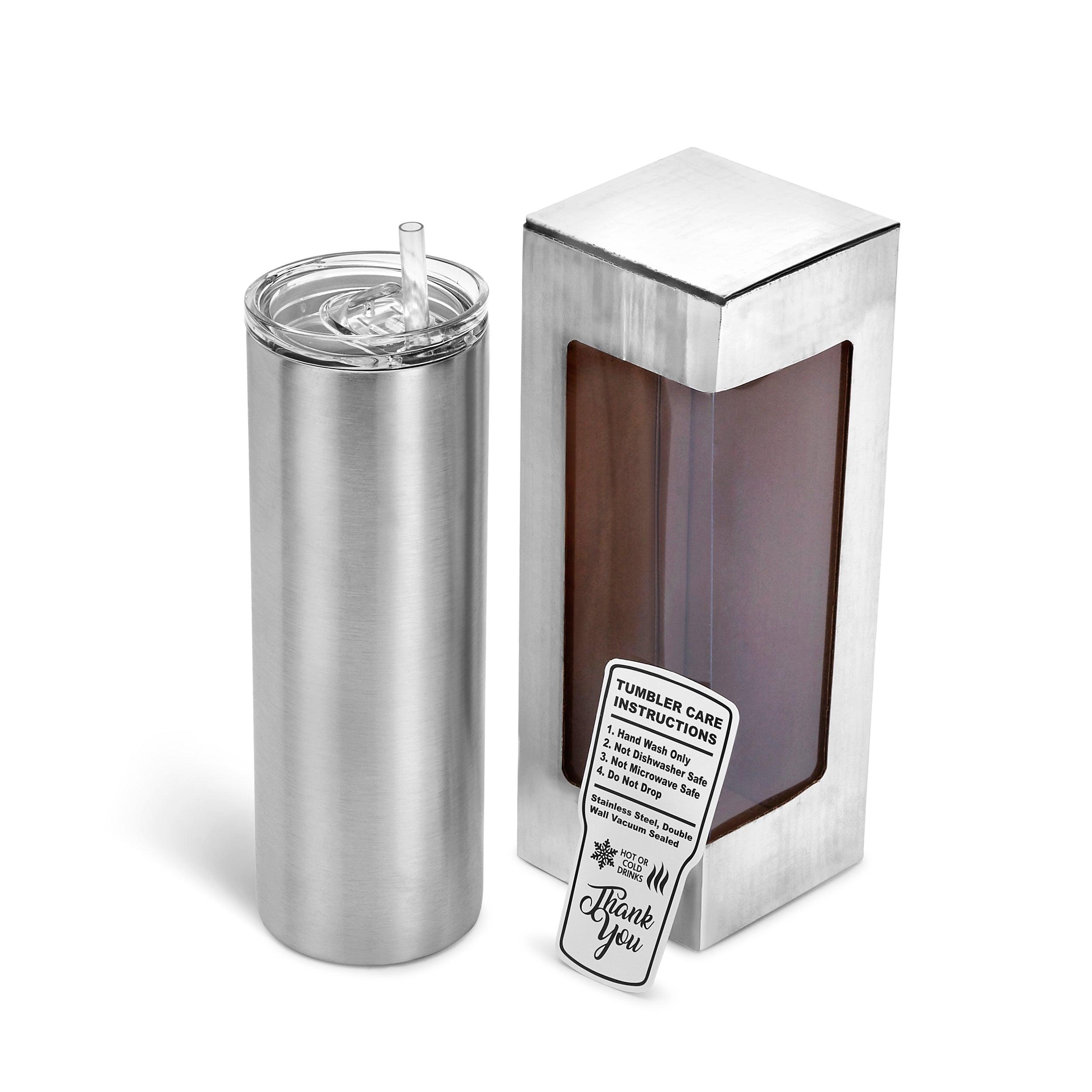 Silver metallic window display gift box for the 20 oz. Skinny Tumbler in stainless steel — custom engraved tumbler by Solano Laser Craft