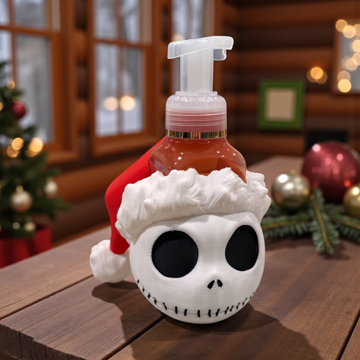 Soap bottle holder shaped like a white skull wearing a red Santa hat, on a wooden table with holiday greenery