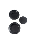 Black aluminum dip can shown open with the lid set beside it