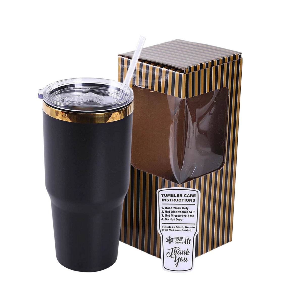 Black 30 oz. tumbler with a gold plated lid, shown with its gift box