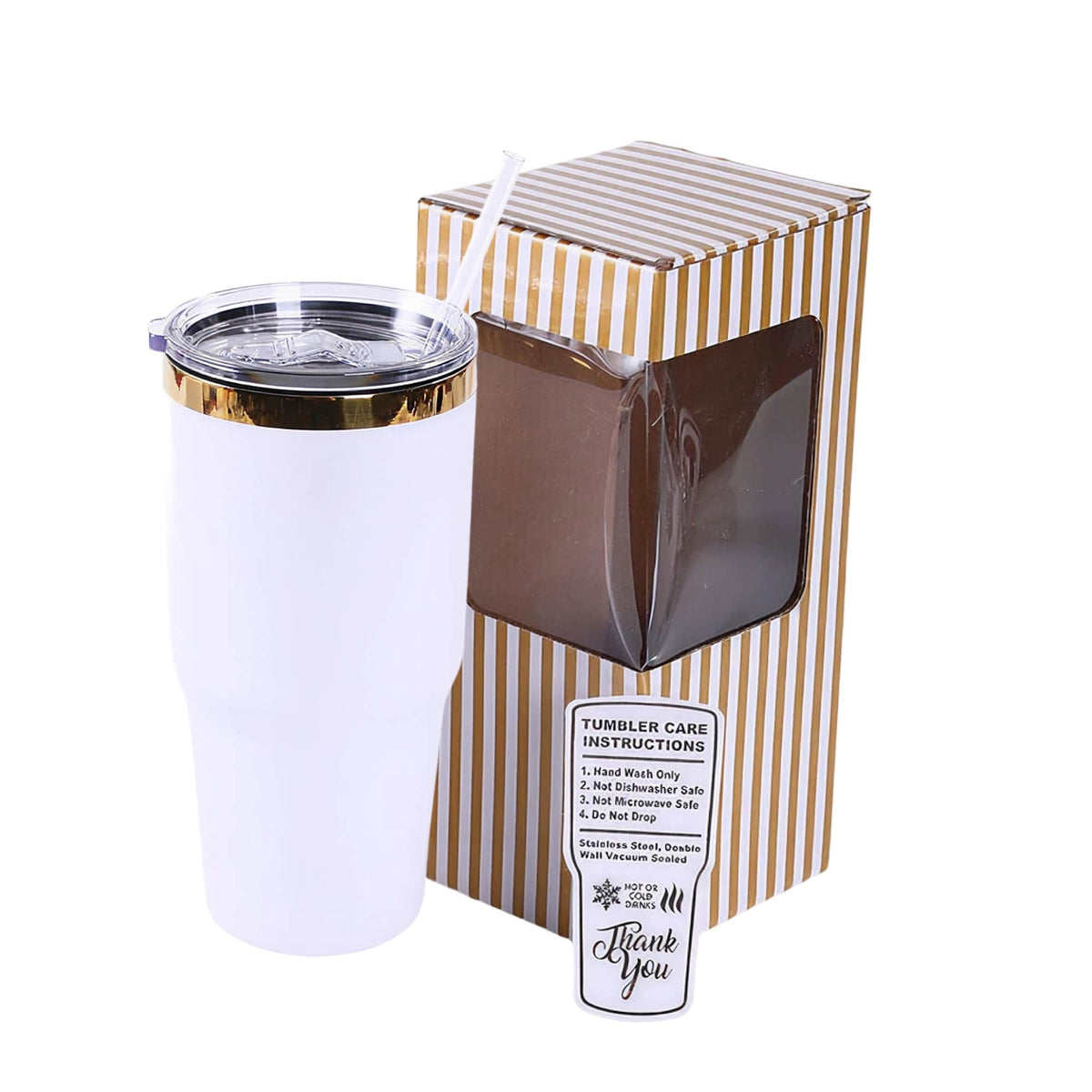 White 30 oz. tumbler with a gold plated lid, shown with its gift box