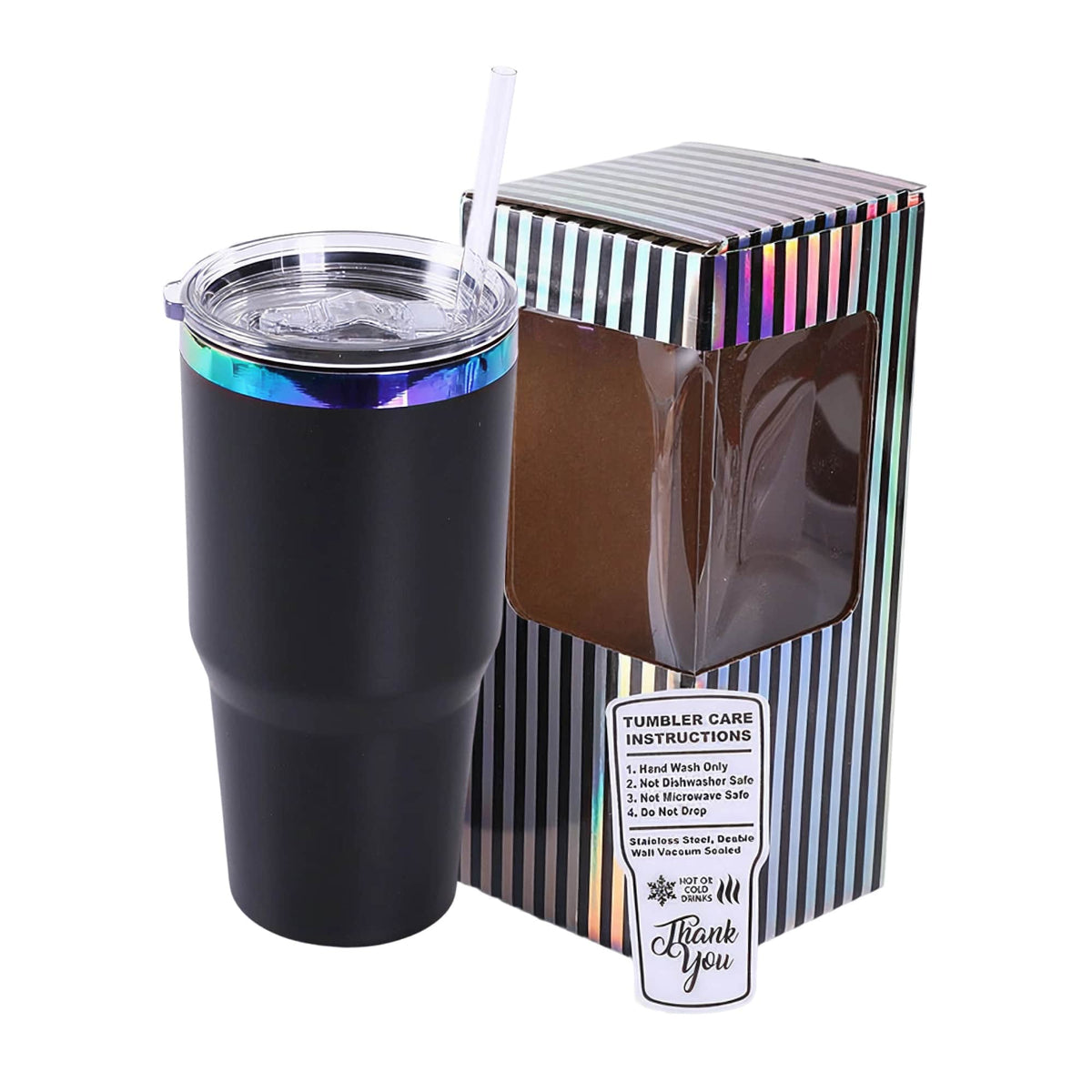 Black 30 oz. tumbler with a rainbow plated lid, shown with its gift box