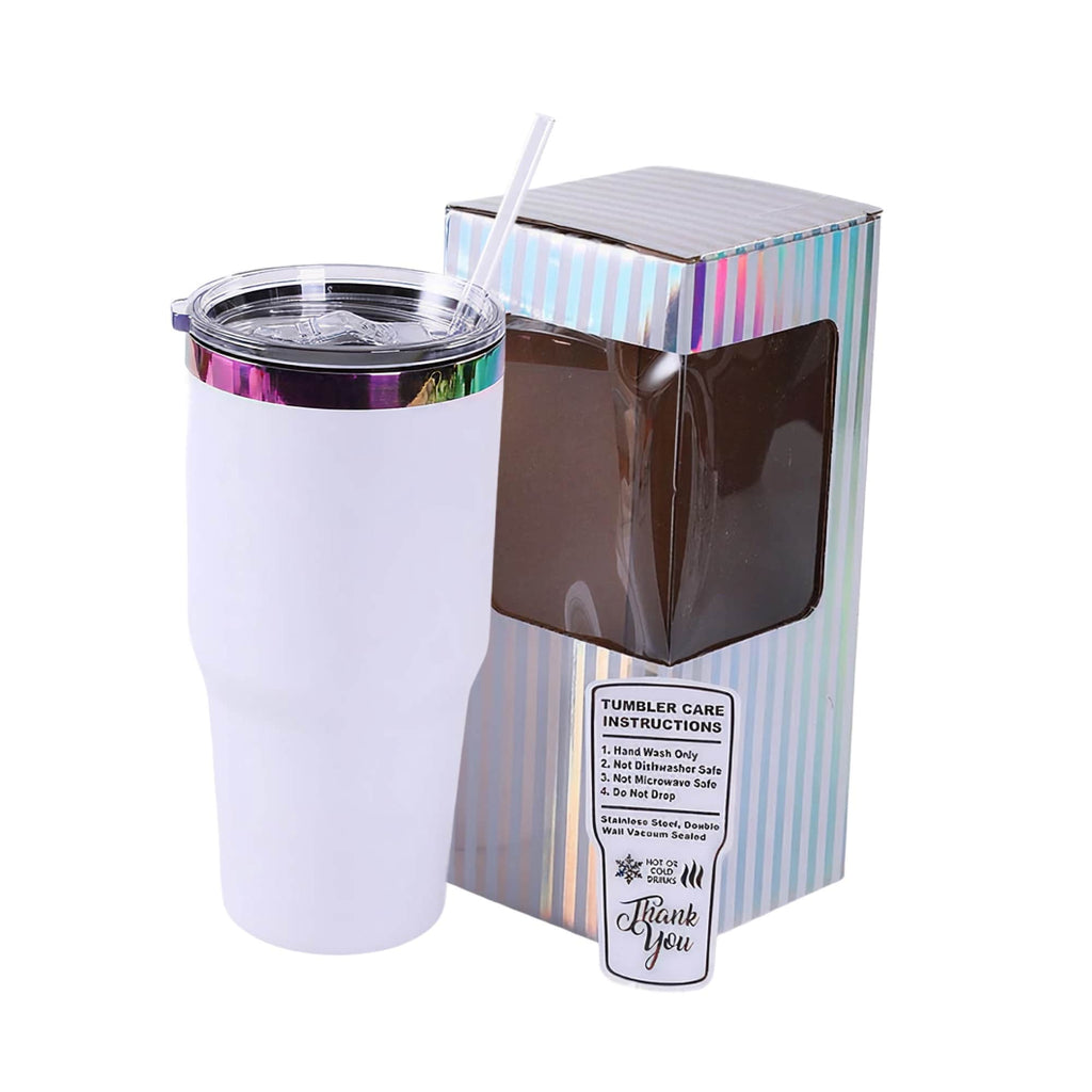 White 30 oz. tumbler with a rainbow plated lid, shown with its gift box