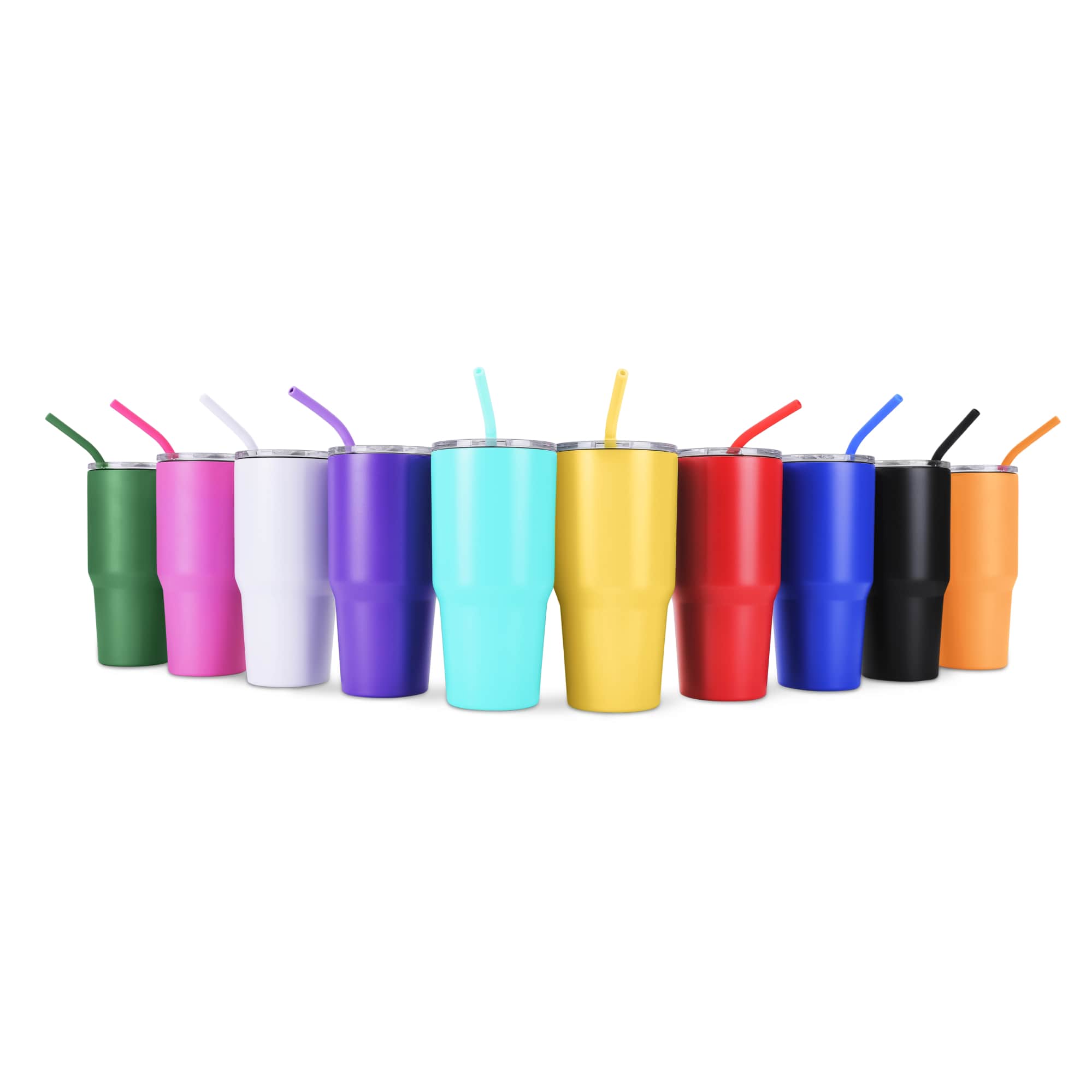 Powder coated 30 oz. Tumblers in ten colors, double wall stainless steel — custom engraved tumblers by Solano Laser Craft