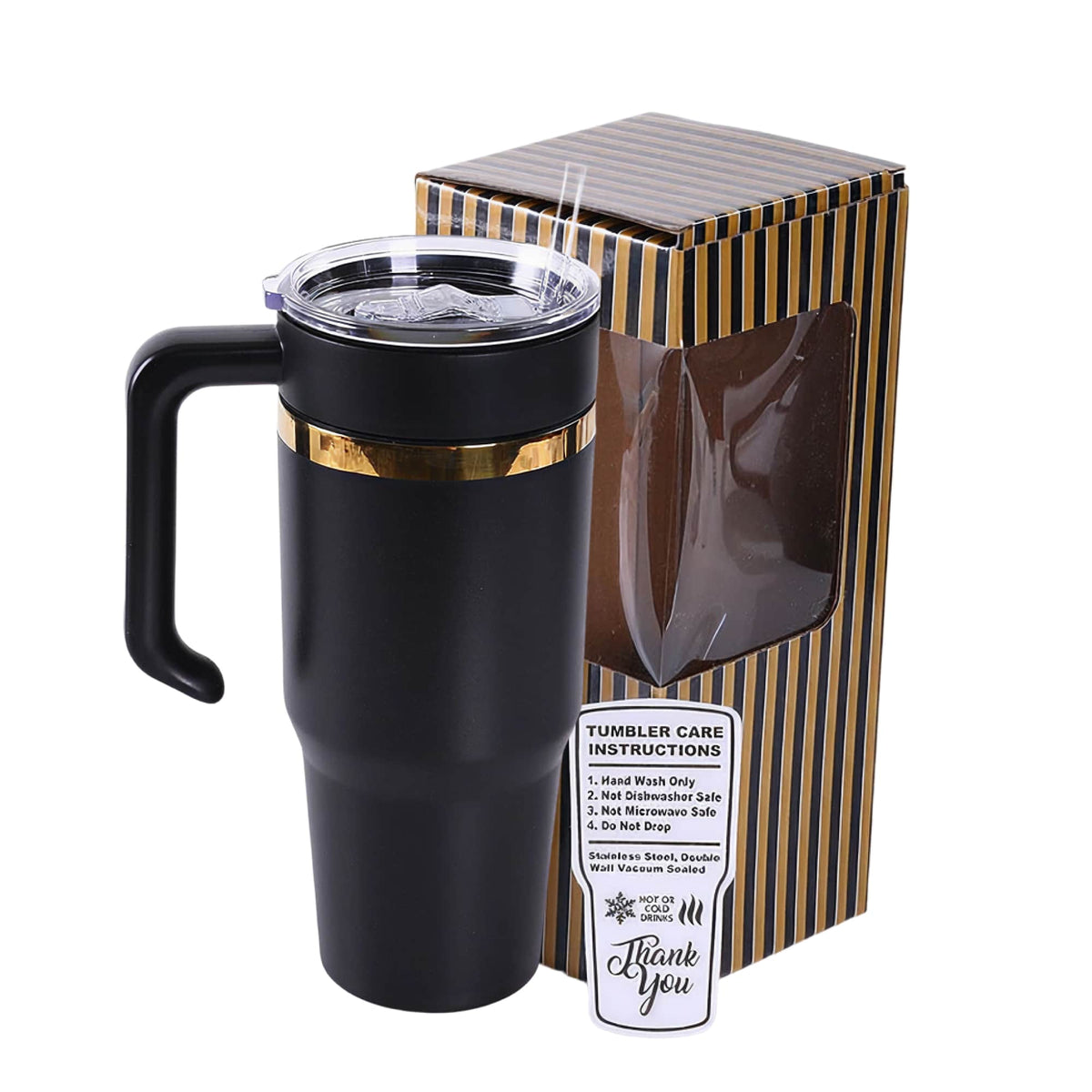 Black 30 oz. tumbler with a gold plated handle and lid