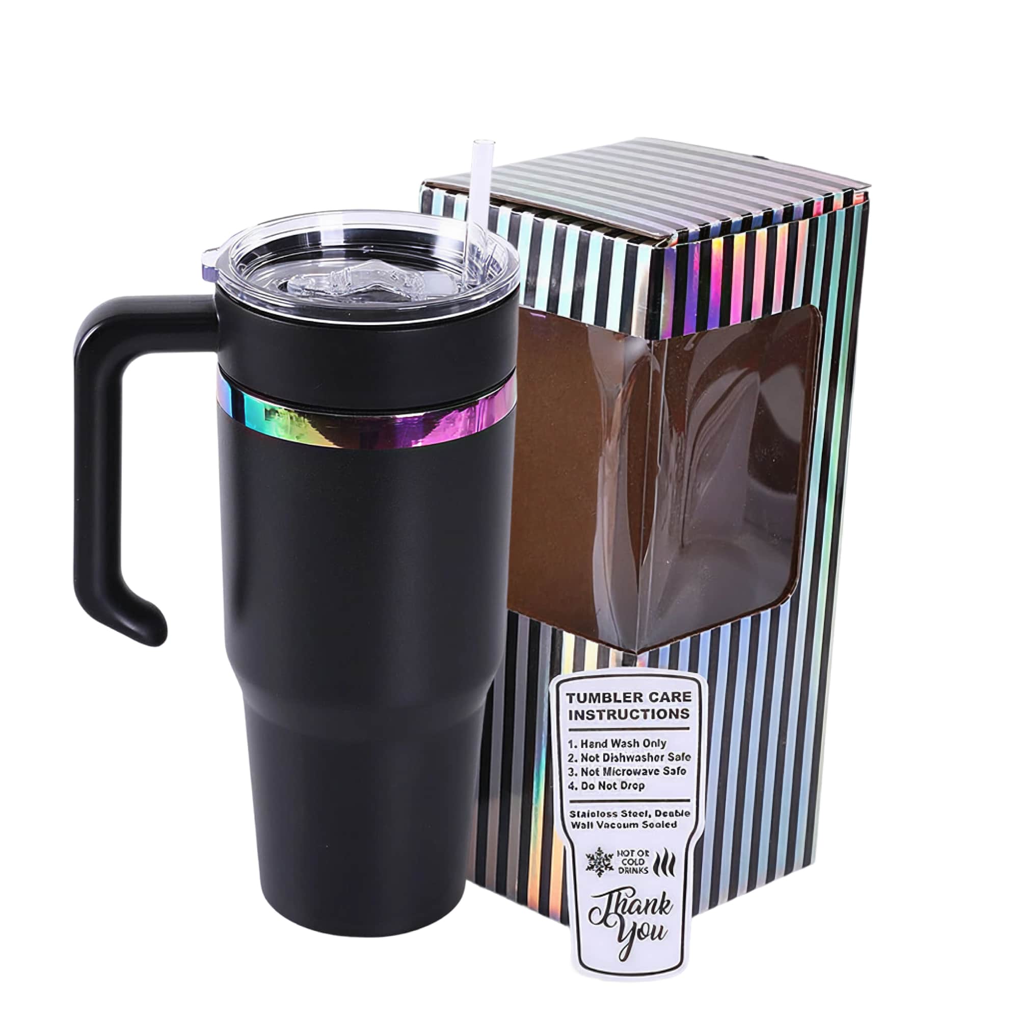 Black 30 oz. tumbler with a rainbow plated handle and lid