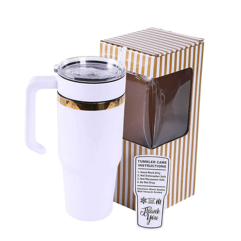 White 30 oz. tumbler with a gold plated handle and lid