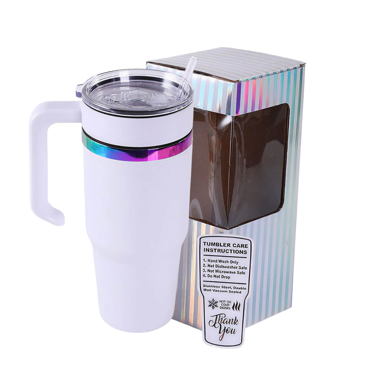 White 30 oz. tumbler with a rainbow plated handle and lid