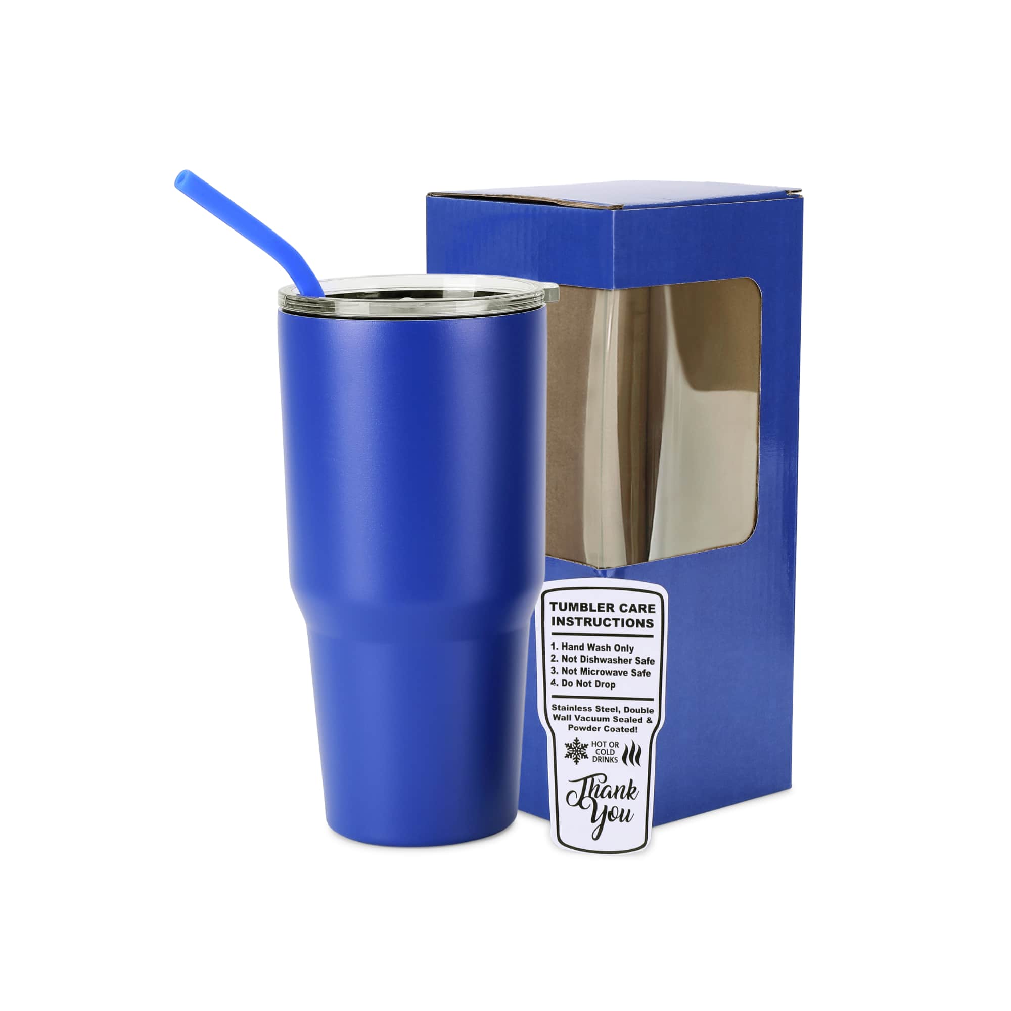 Blue 30 oz. powder coated tumbler with straw, shown with its gift box
