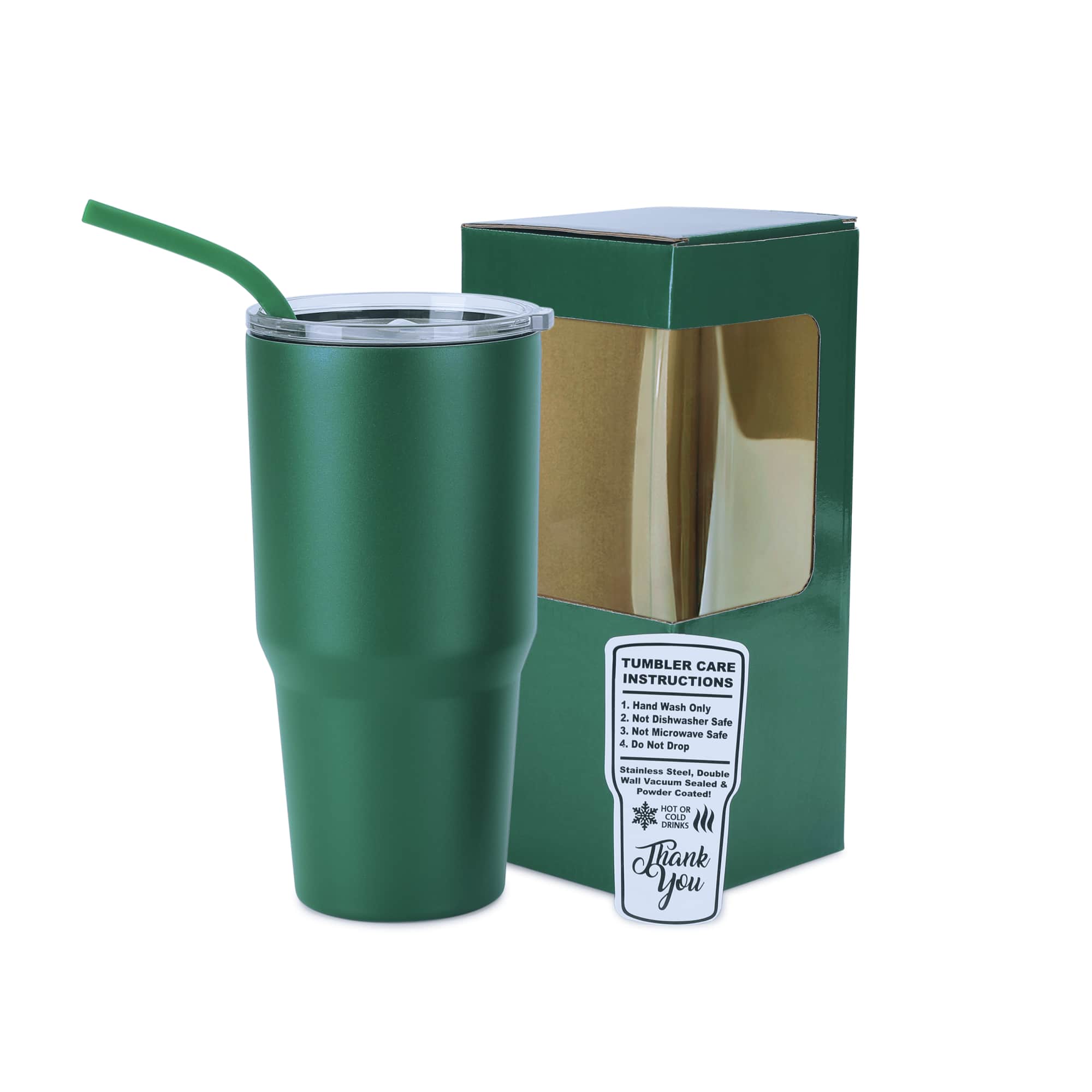 Green 30 oz. powder coated tumbler with straw, shown with its gift box