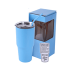 Light blue 30 oz. powder coated tumbler with straw, shown with its gift box