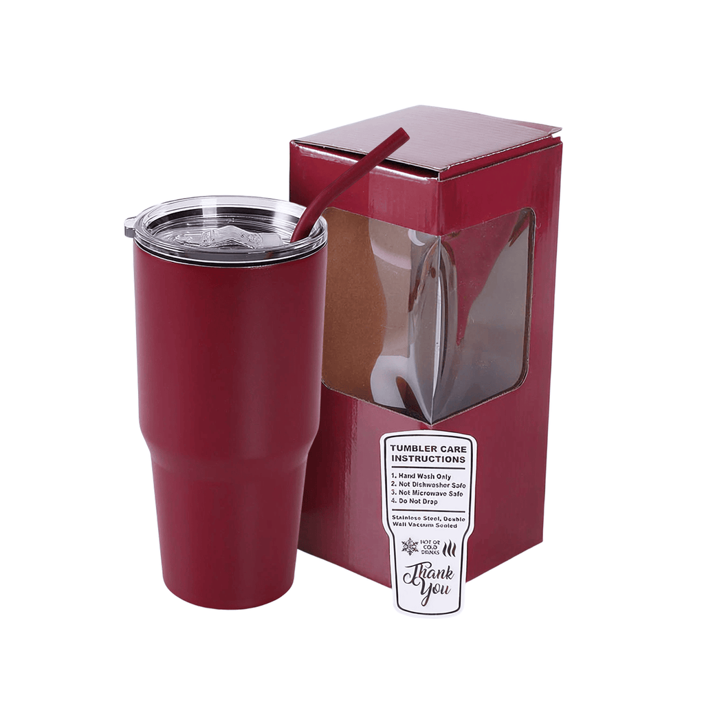 Maroon 30 oz. powder coated tumbler with straw, shown with its gift box