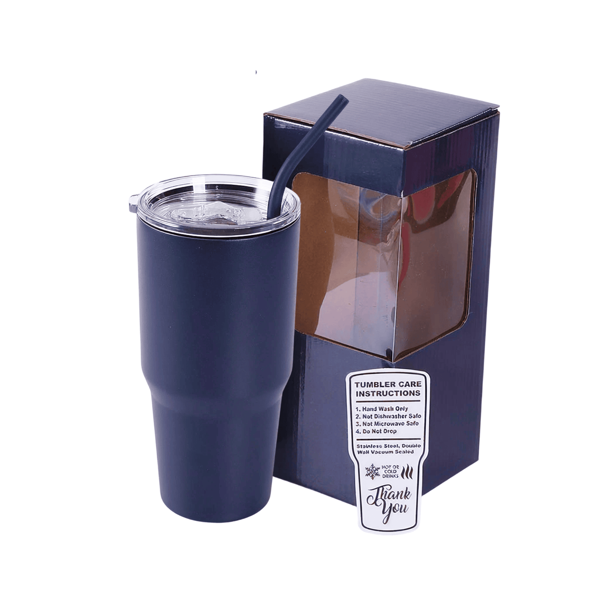 Navy 30 oz. powder coated tumbler with straw, shown with its gift box