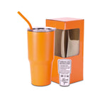 Orange 30 oz. powder coated tumbler with straw, shown with its gift box