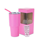 Pink 30 oz. powder coated tumbler with straw, shown with its gift box