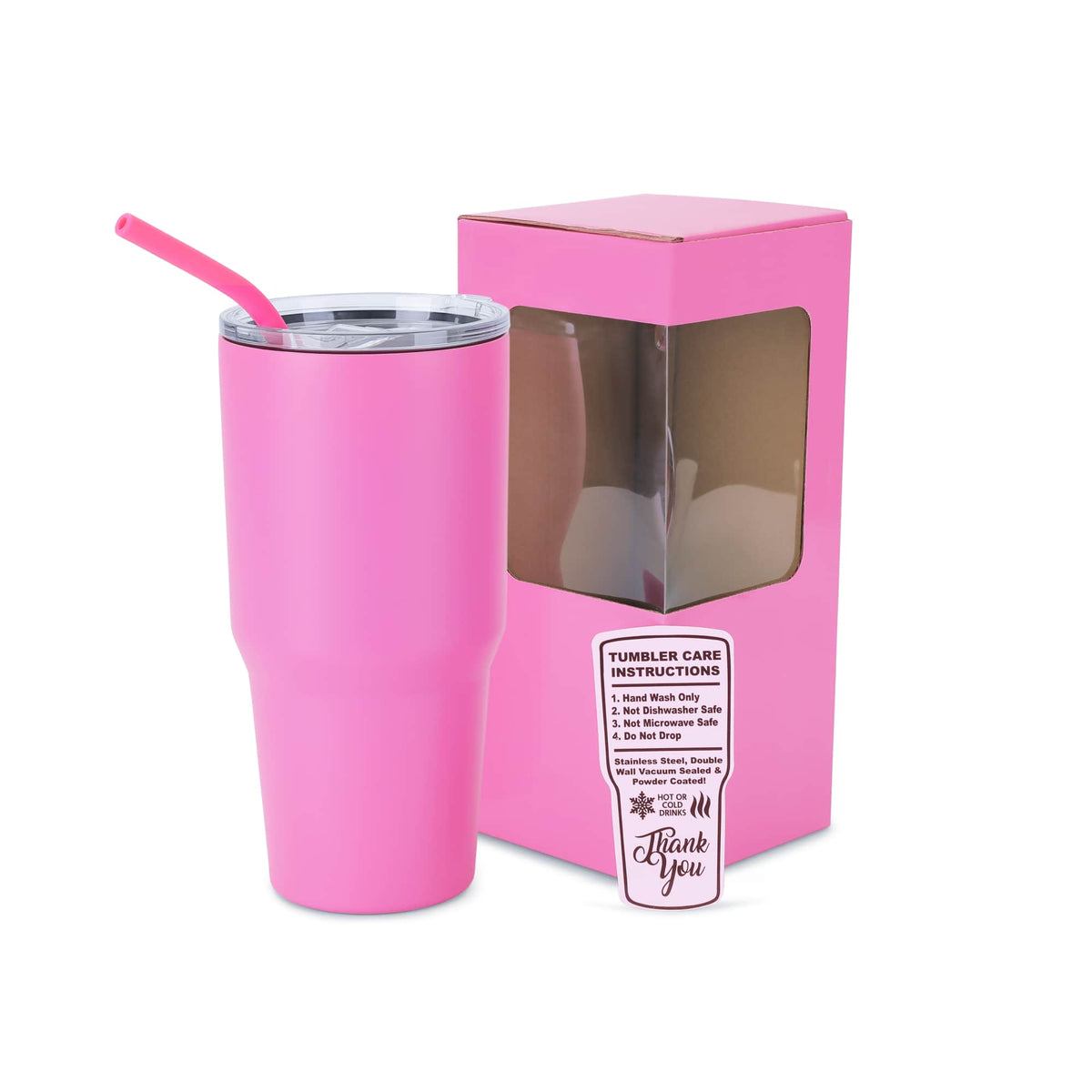 Pink 30 oz. powder coated tumbler with straw, shown with its gift box