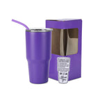 Purple 30 oz. powder coated tumbler with straw, shown with its gift box