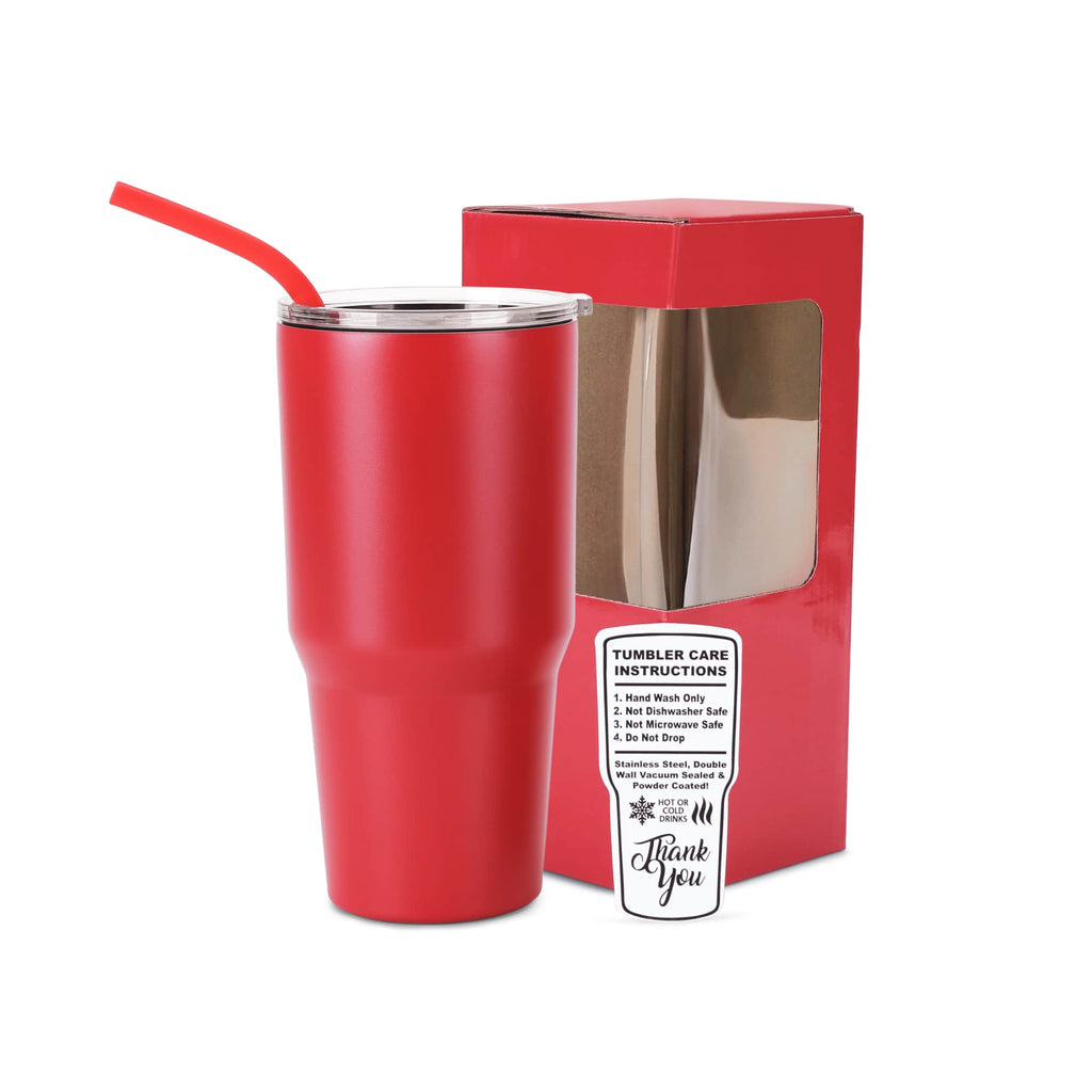 Red 30 oz. powder coated tumbler with straw, shown with its gift box