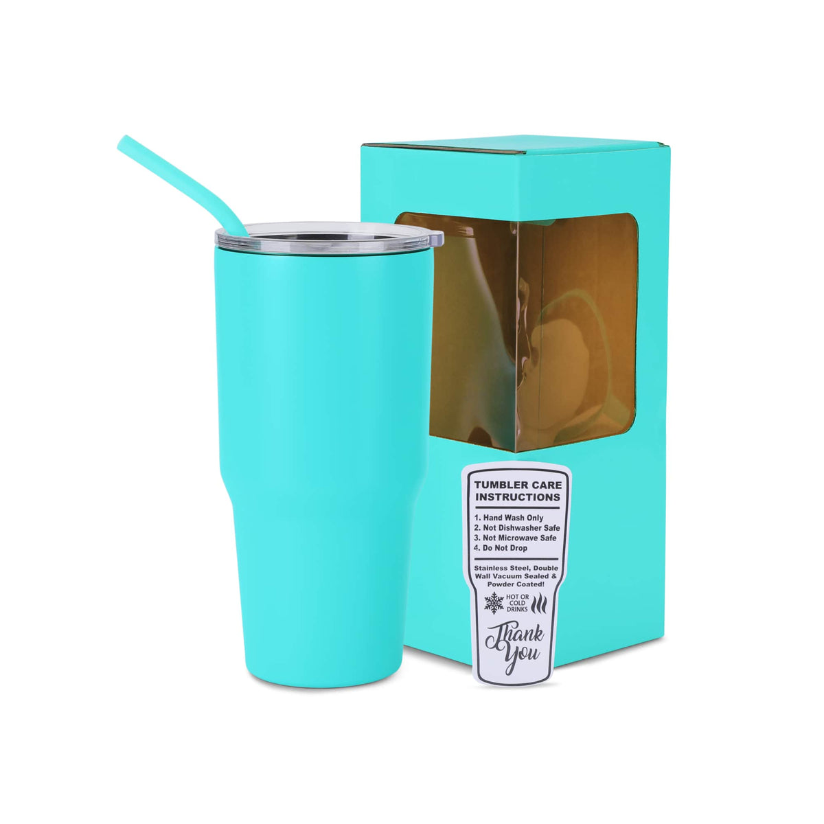Teal 30 oz. powder coated tumbler with straw, shown with its gift box
