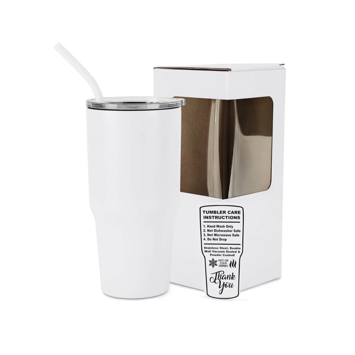 White 30 oz. powder coated tumbler with straw, shown with its gift box