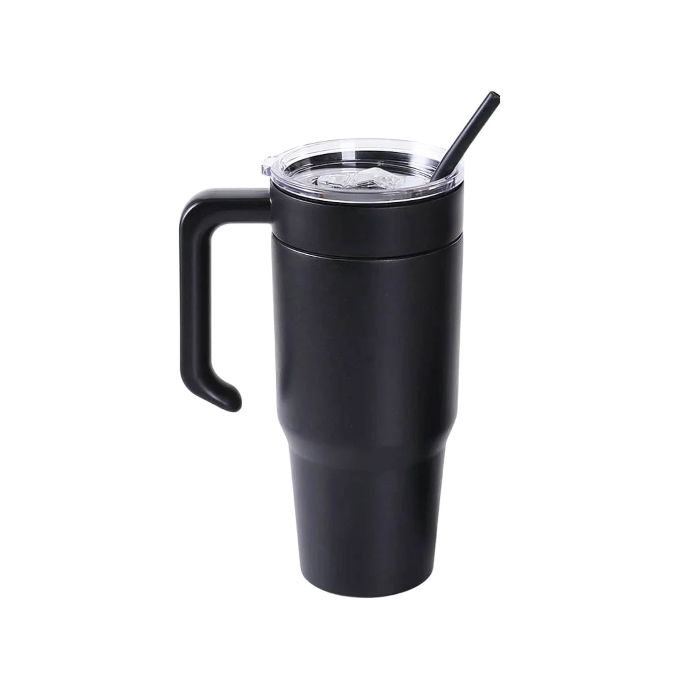 Black 30 oz. Tumbler with twist-on handle, powder coated stainless steel — custom engraved tumbler by Solano Laser Craft