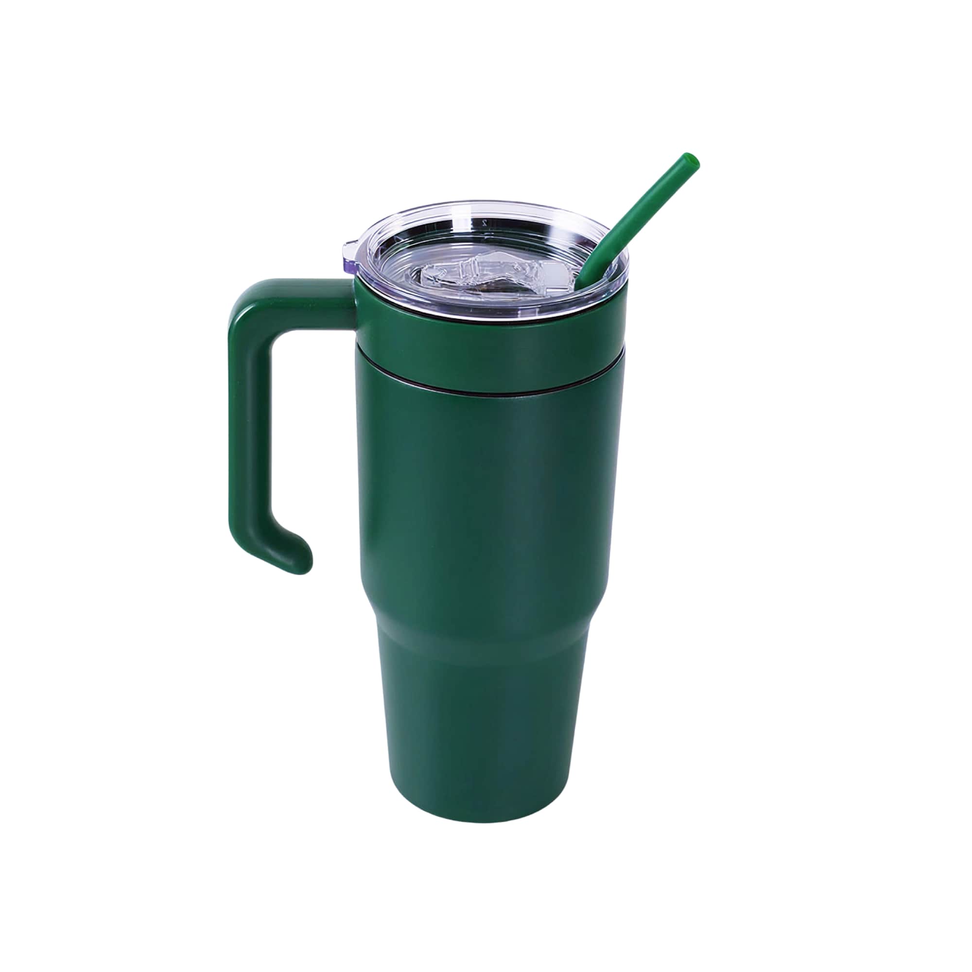 Green 30 oz. tumbler with a matching twist-on handle and straw