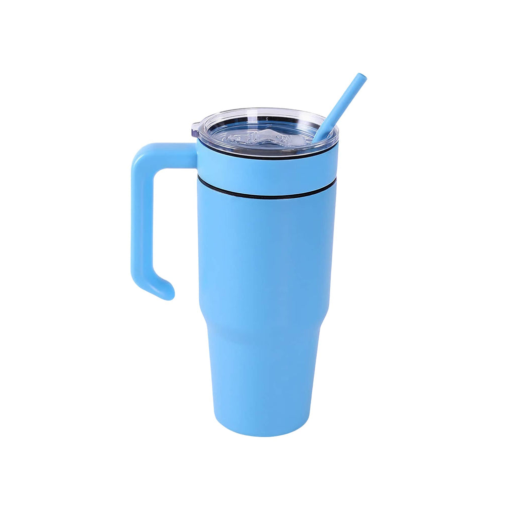 Light blue 30 oz. tumbler with a matching twist-on handle and straw