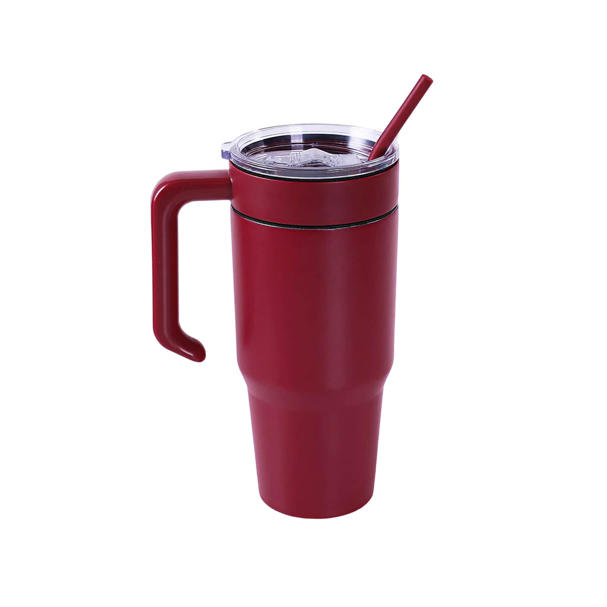 Maroon 30 oz. tumbler with a matching twist-on handle and straw