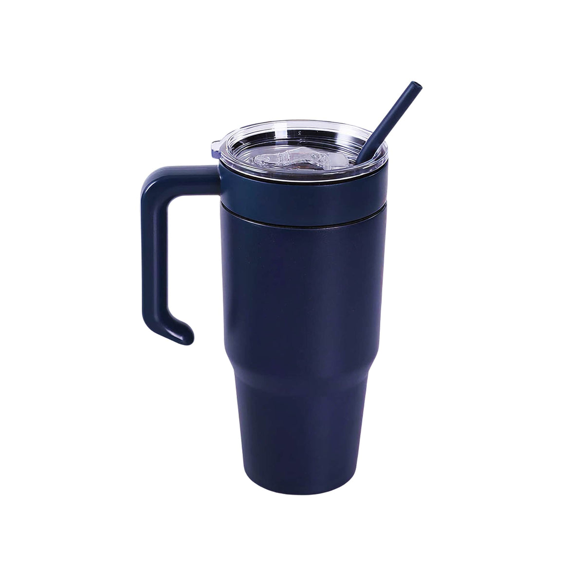 Navy 30 oz. tumbler with a matching twist-on handle and straw