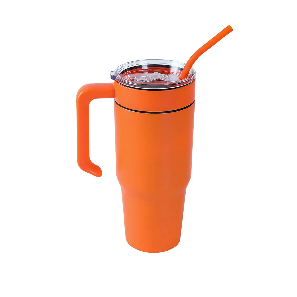 Orange 30 oz. tumbler with a matching twist-on handle and straw