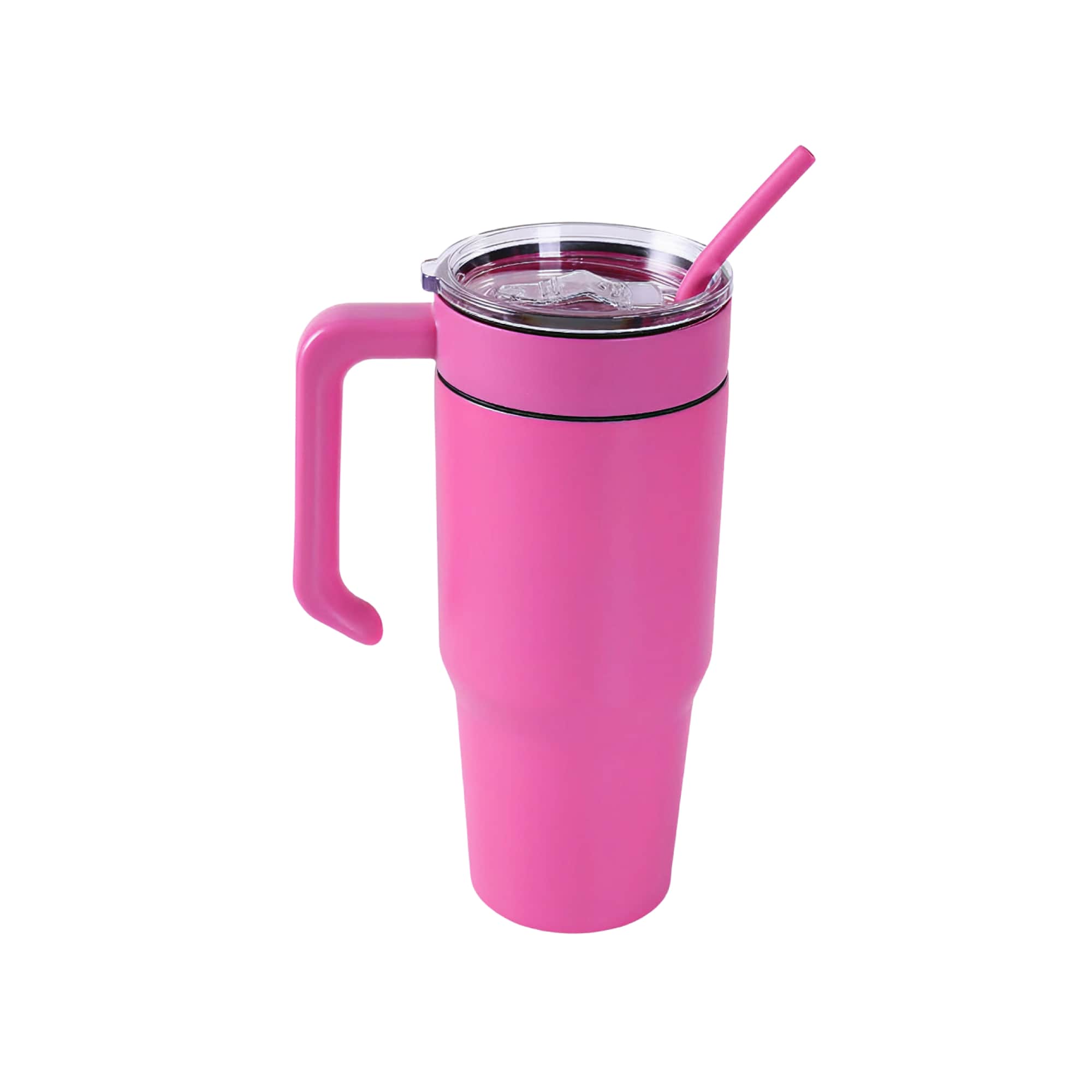 Pink 30 oz. tumbler with a matching twist-on handle and straw