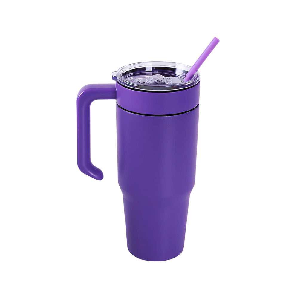 Purple 30 oz. tumbler with a matching twist-on handle and straw