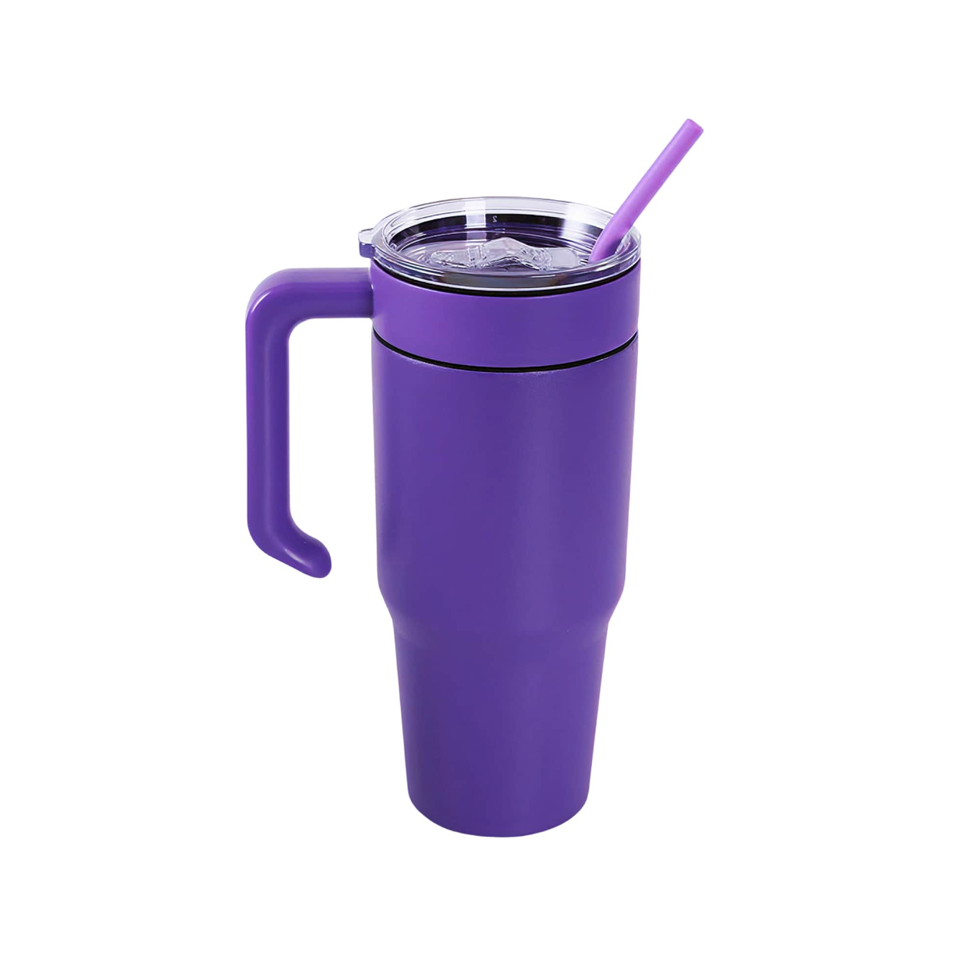 Purple 30 oz. tumbler with a matching twist-on handle and straw