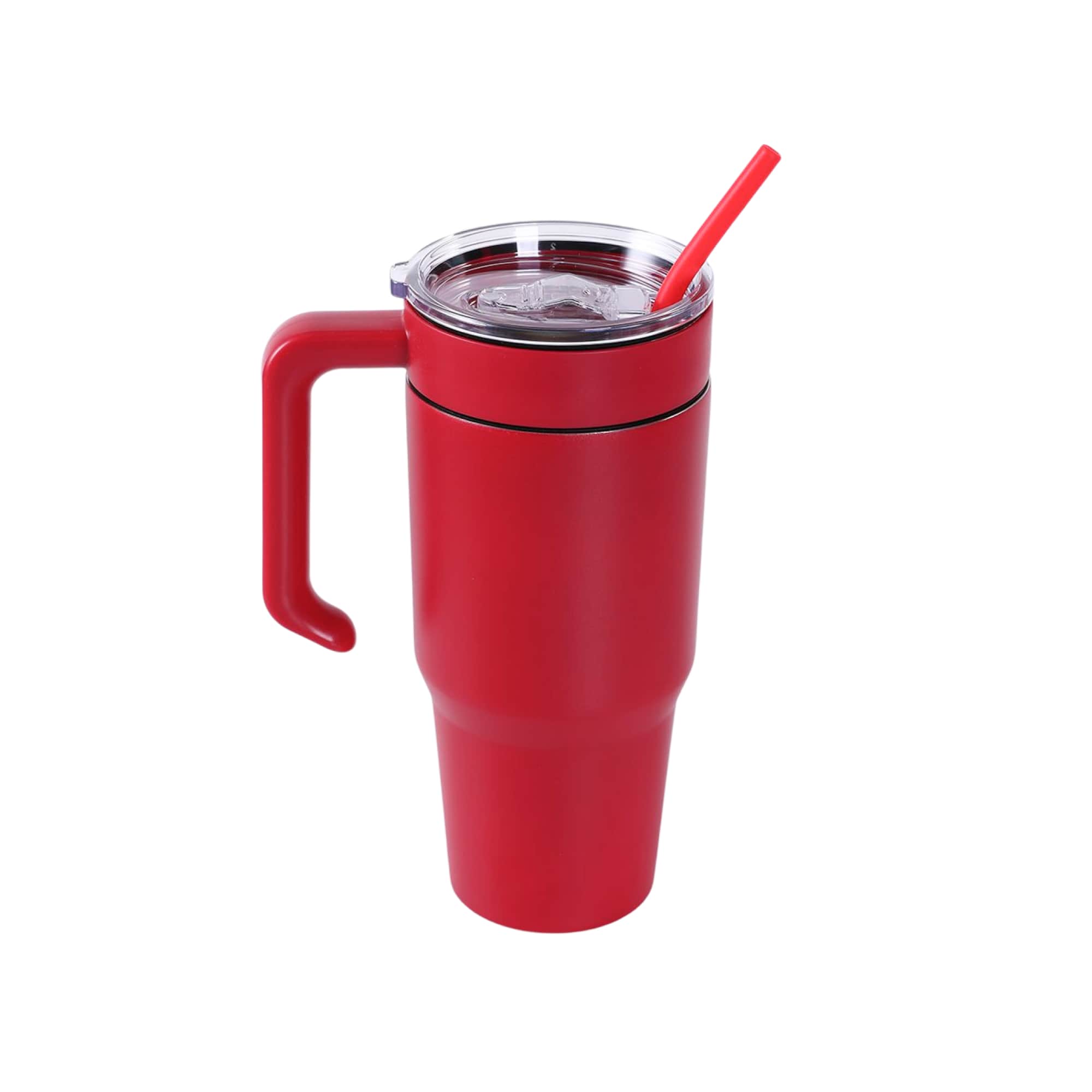Red 30 oz. tumbler with a matching twist-on handle and straw