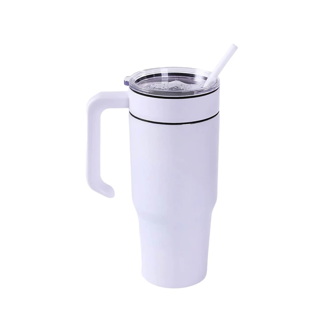 White 30 oz. tumbler with a matching twist-on handle and straw