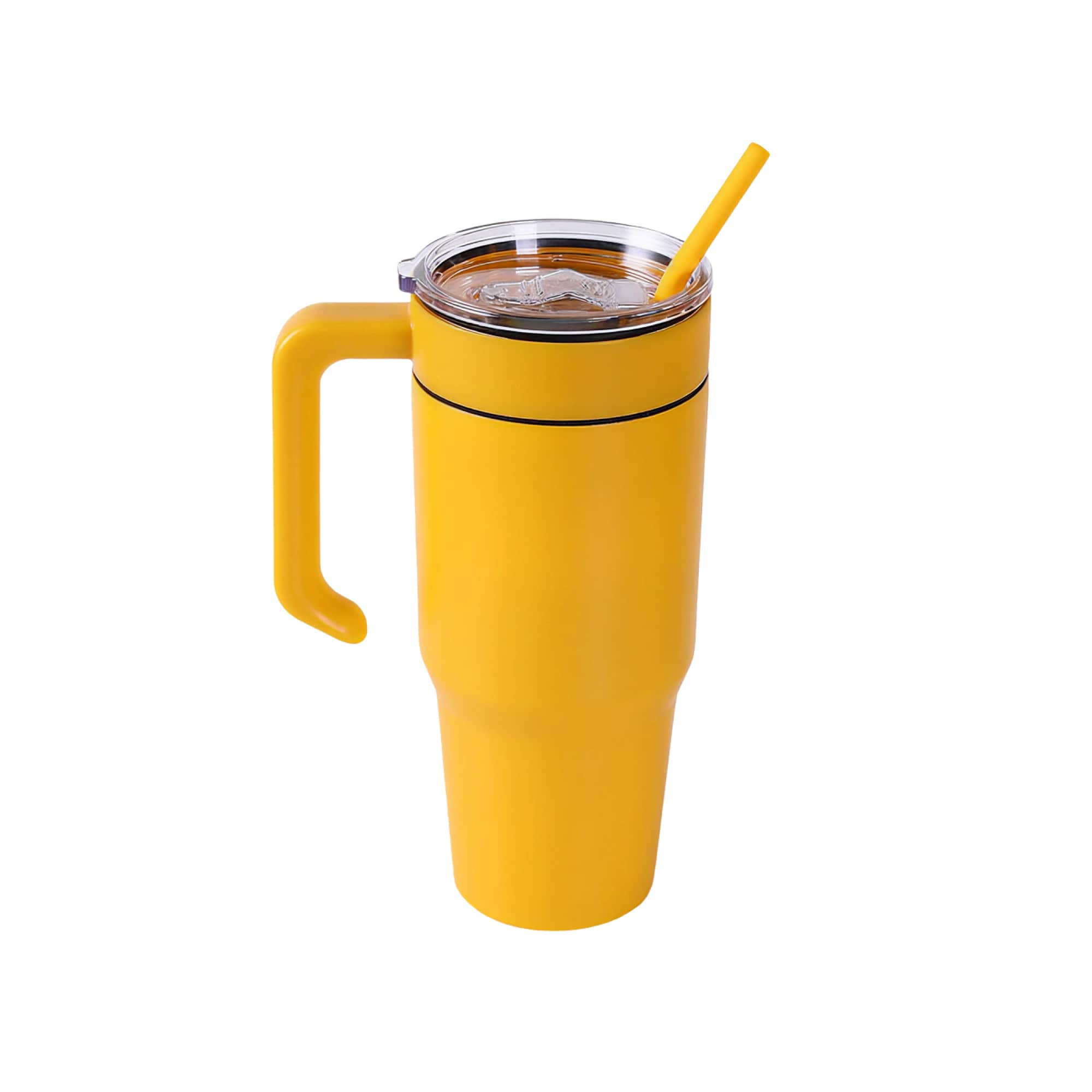 Yellow 30 oz. tumbler with a matching twist-on handle and straw