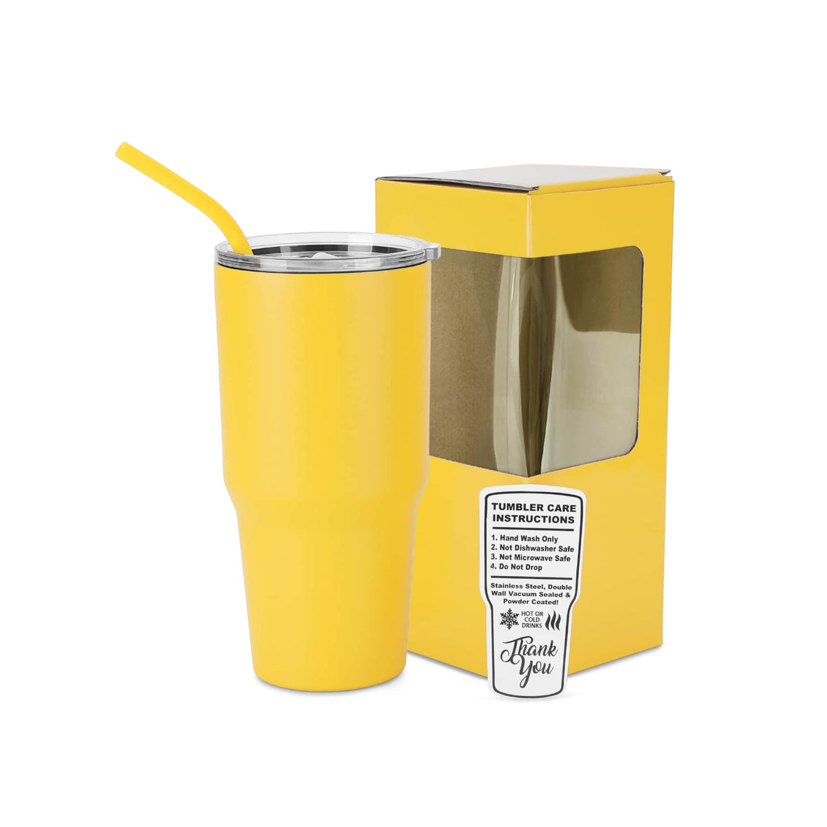 Yellow 30 oz. powder coated tumbler with straw, shown with its gift box