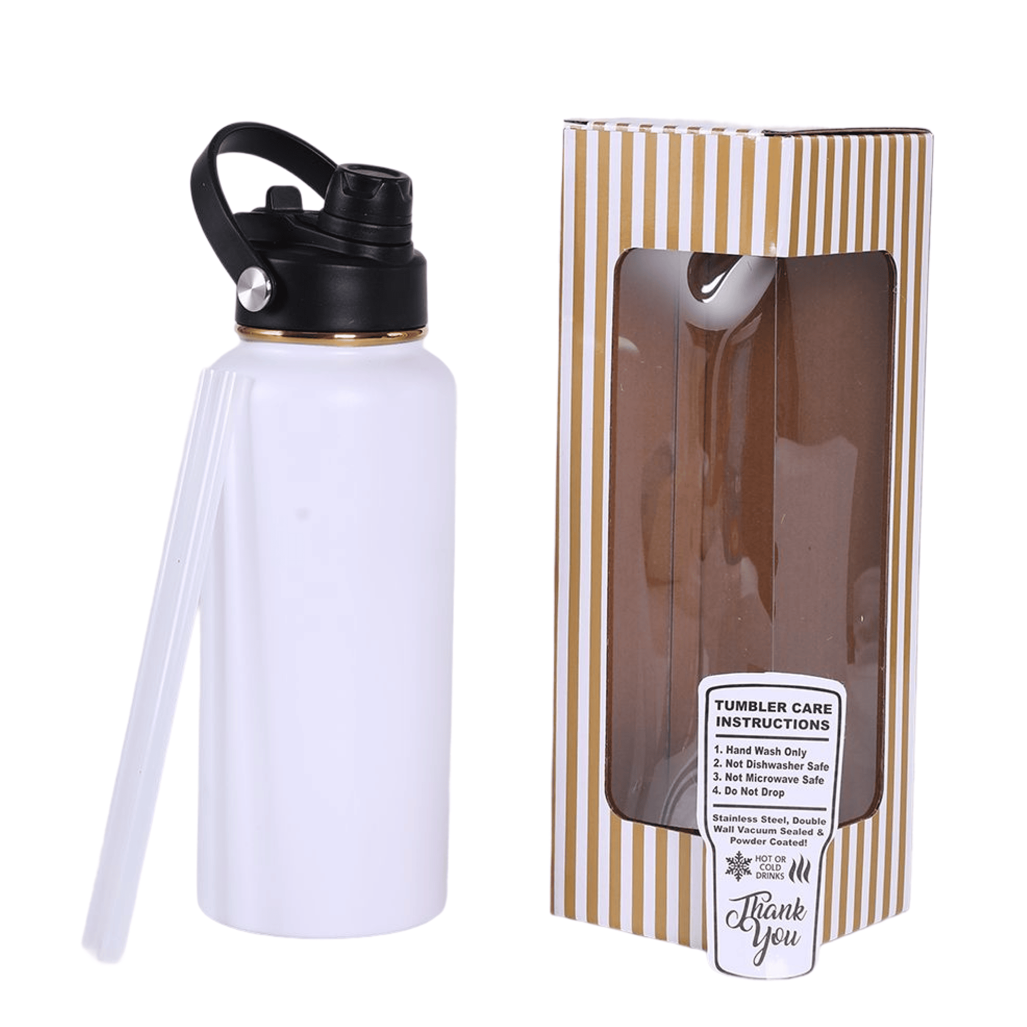 White 32 oz. water bottle with a gold plated finish and gift box