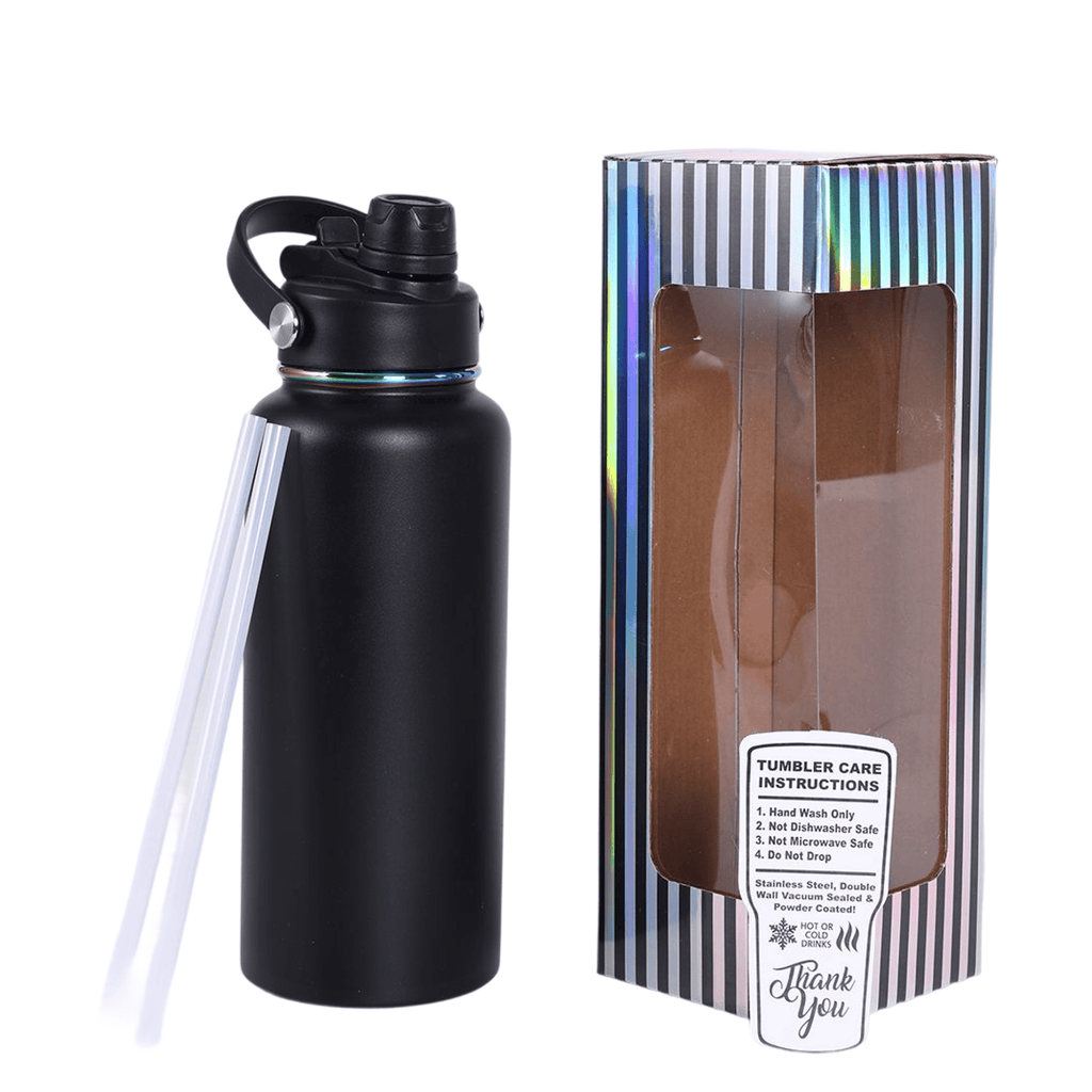 Black 32 oz. water bottle with a rainbow plated finish and gift box
