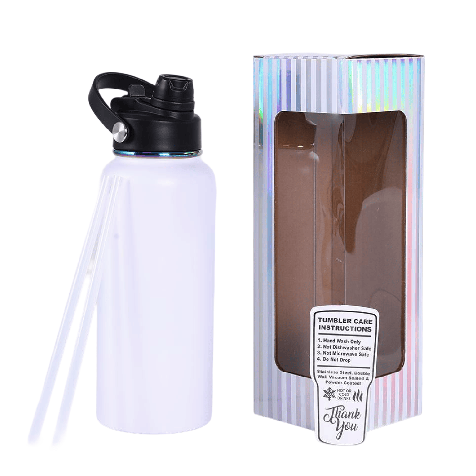 White 32 oz. water bottle with a rainbow plated finish and gift box