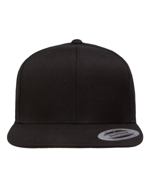 Black YP 6089M six-panel high-profile flat bill snapback — custom patch team hat