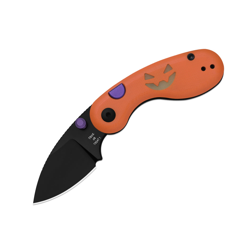 Kizer Microbe Halloween Edition folding knife open, orange handle and black blade