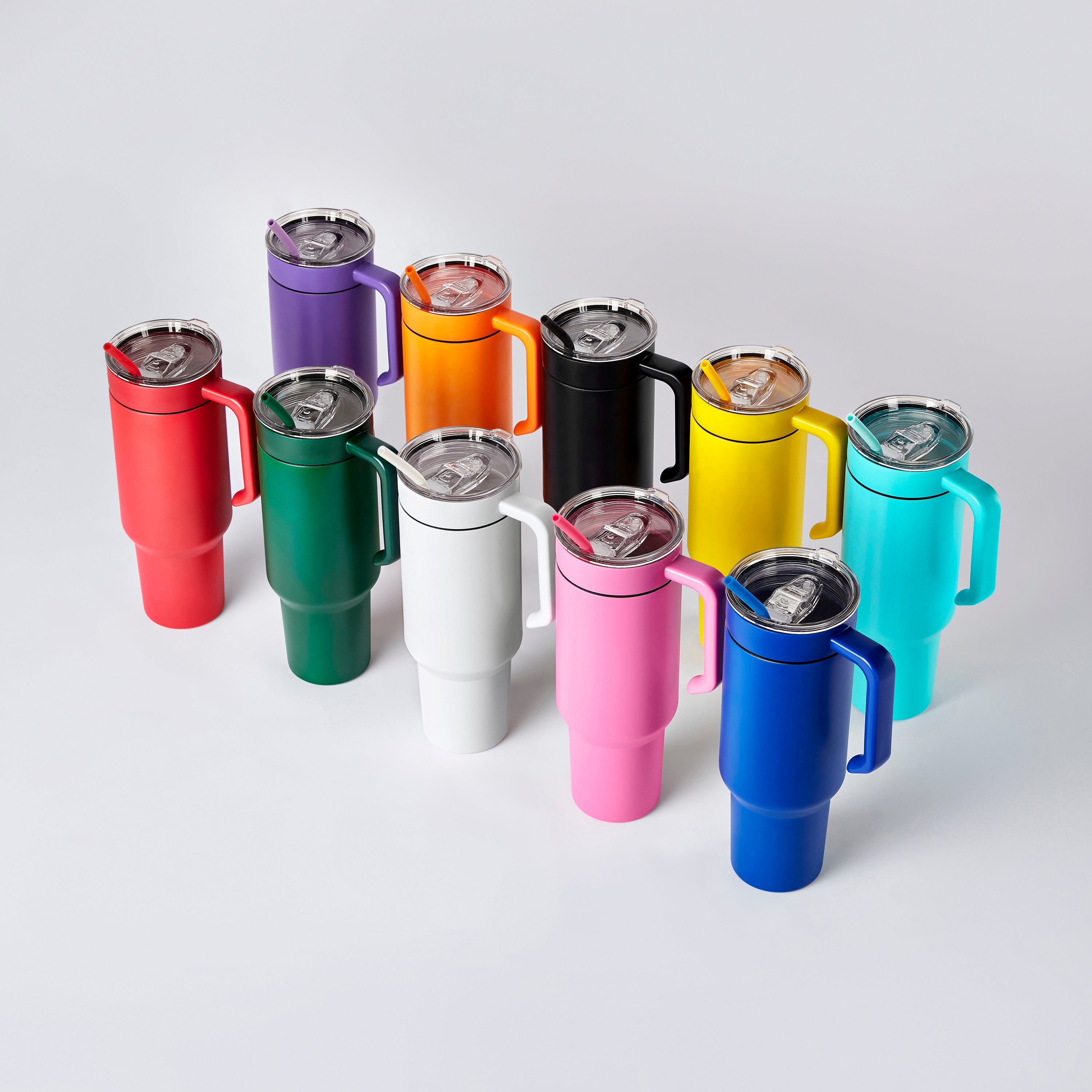 Powder coated 40 oz. Tumblers with twist on handles in eleven colors, double wall stainless steel — custom engraved tumblers by Solano Laser Craft