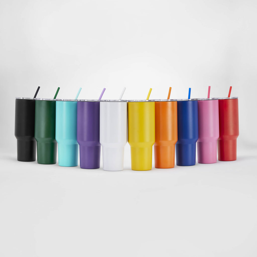 Powder coated 40 oz. Tumblers in multiple colors, double wall stainless steel — custom engraved tumblers by Solano Laser Craft