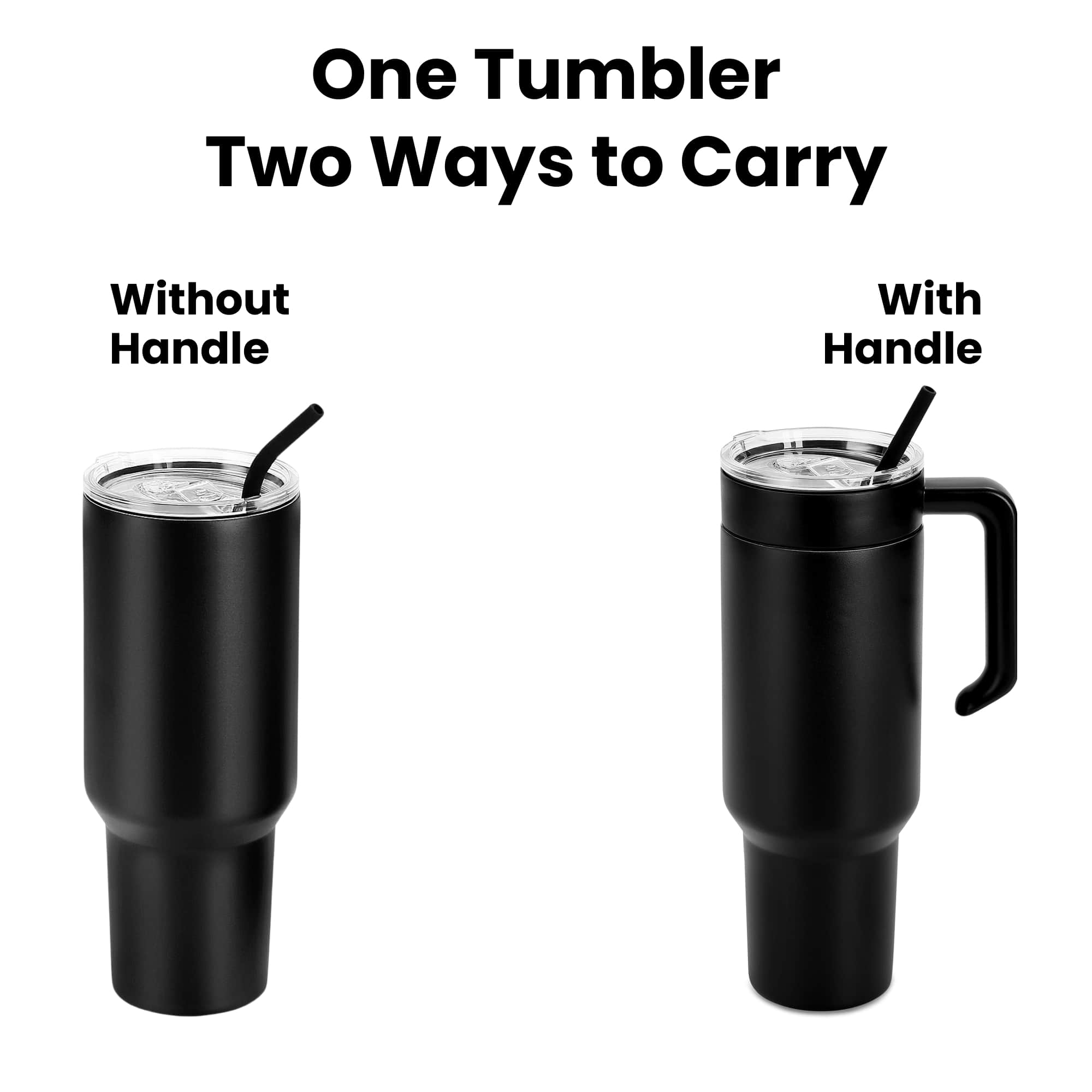 40 oz. Tumbler twist-on handle shown fitted two ways on stainless steel — custom engraved tumbler by Solano Laser Craft