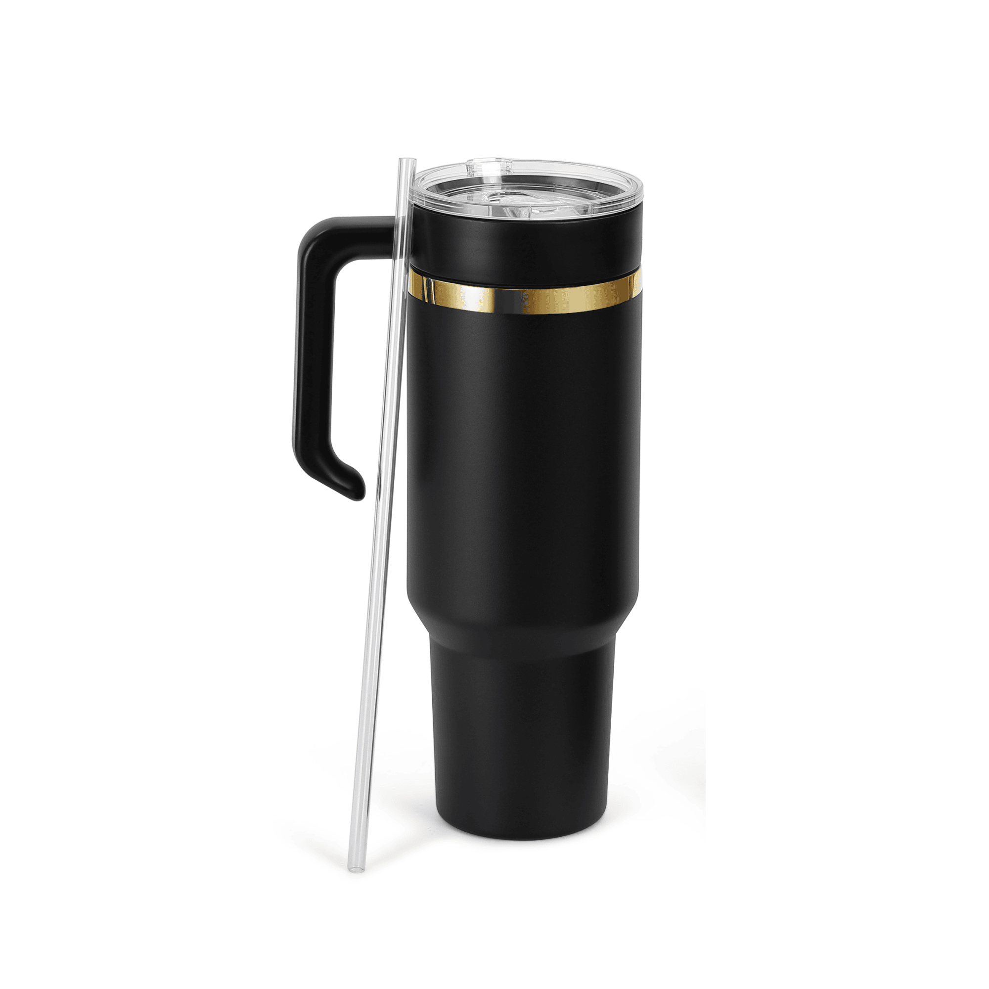 Black 40 oz. tumbler with a gold plated twist-on handle and lid